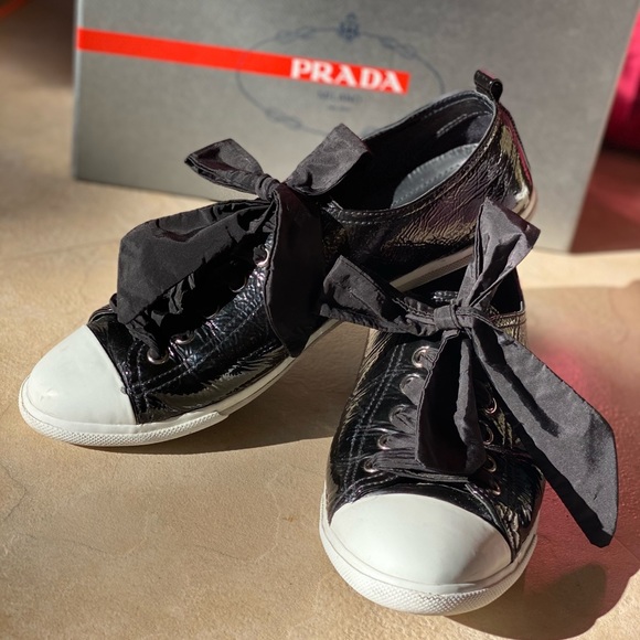 Prada Shoes - Prada Patent Leather Ribbon Lace-Up Sneakers